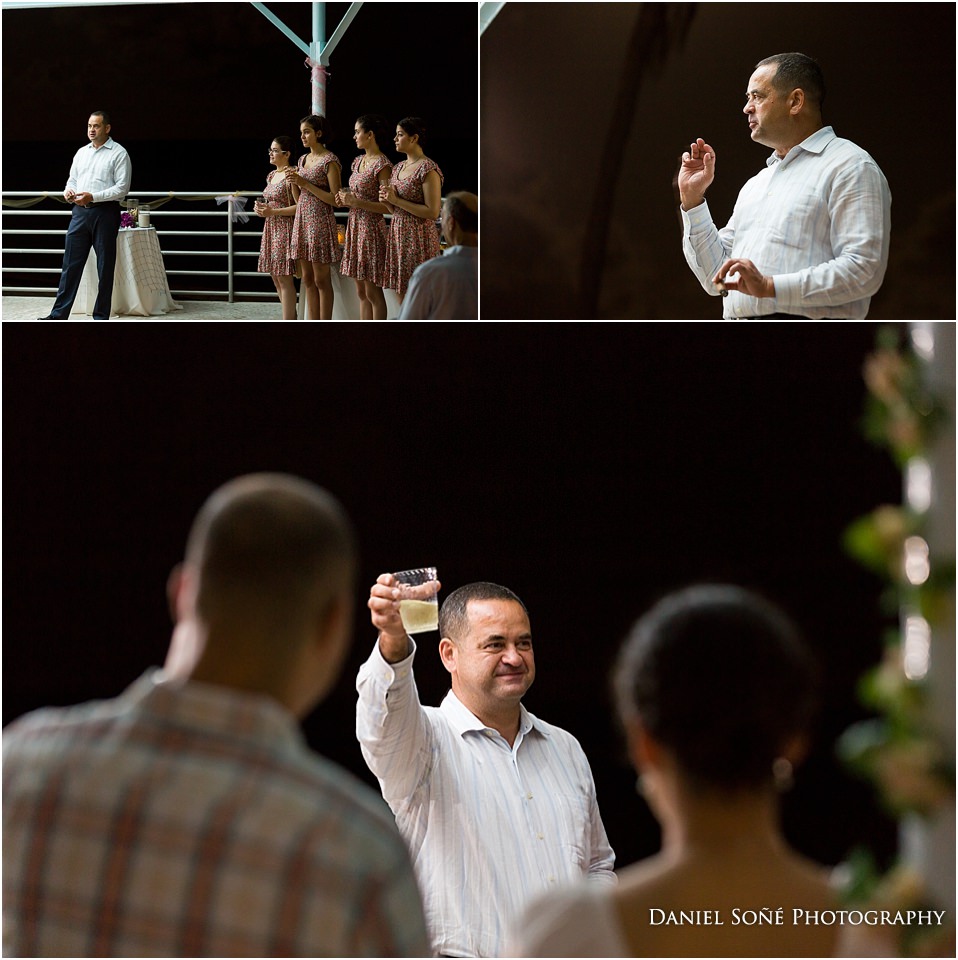 Father of bride making wedding toast at Higgs Beach reception in Key West, FL