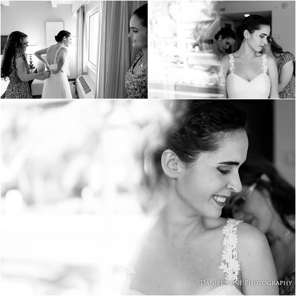 Angelica and her bridesmaids helping get into her wedding dress at the Hilton Garden Inn in Key West, FL