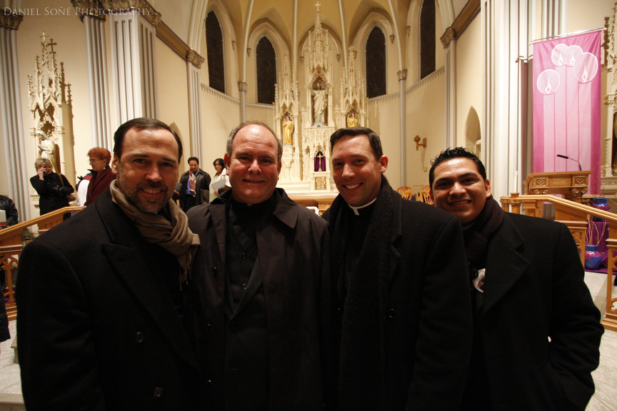 Bishop-elect Fernando Isern, 2nd from left, poses with three priests who have close ties to his former parish, Our Lady of Lourdes in Miami: (left to right) Father Alejandro Rodriguez Artola, Father Richard Vigoa, and Father Luis Largaespada.