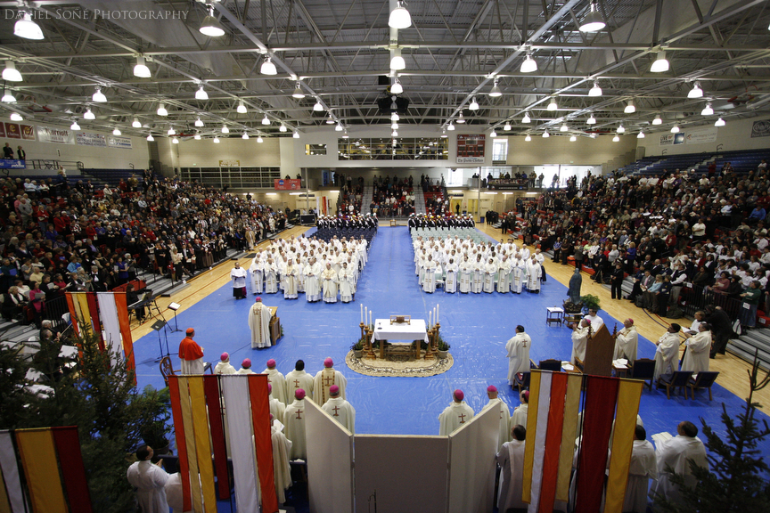 An overall view of the ceremony at CSU-Pueblo's Massari Arena, a 3,900-seat venue.