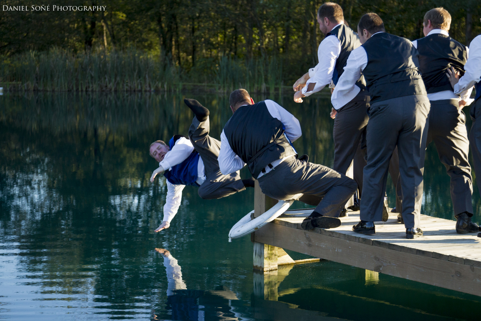 groom is thrown into lake. virginia commercial photographer