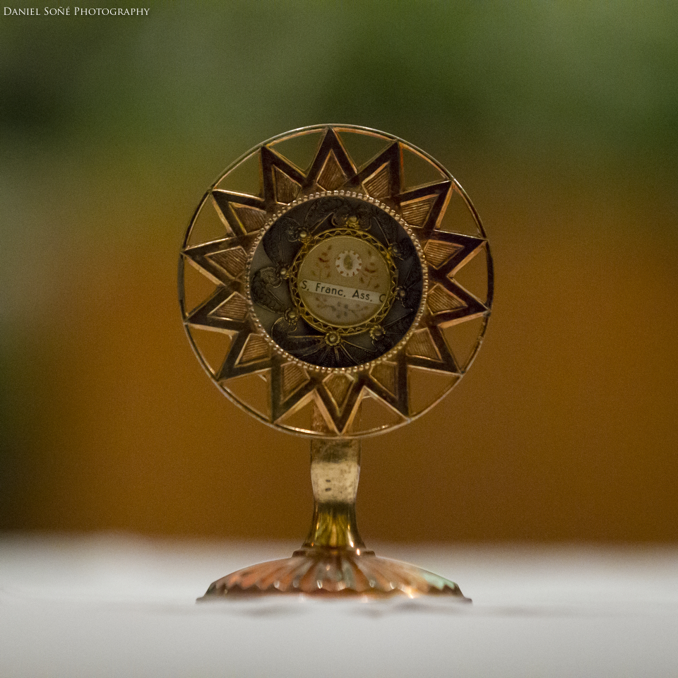 A relic of St. Francis of Assisi sits upon the altar of St. Camillus Church in Silver Spring, MD.