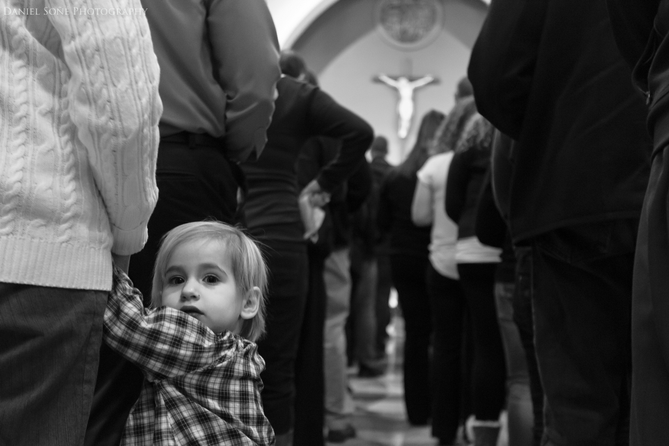 Evelyn Miller, 22 months, in line to venerate the relic of Blessed John Paul II
