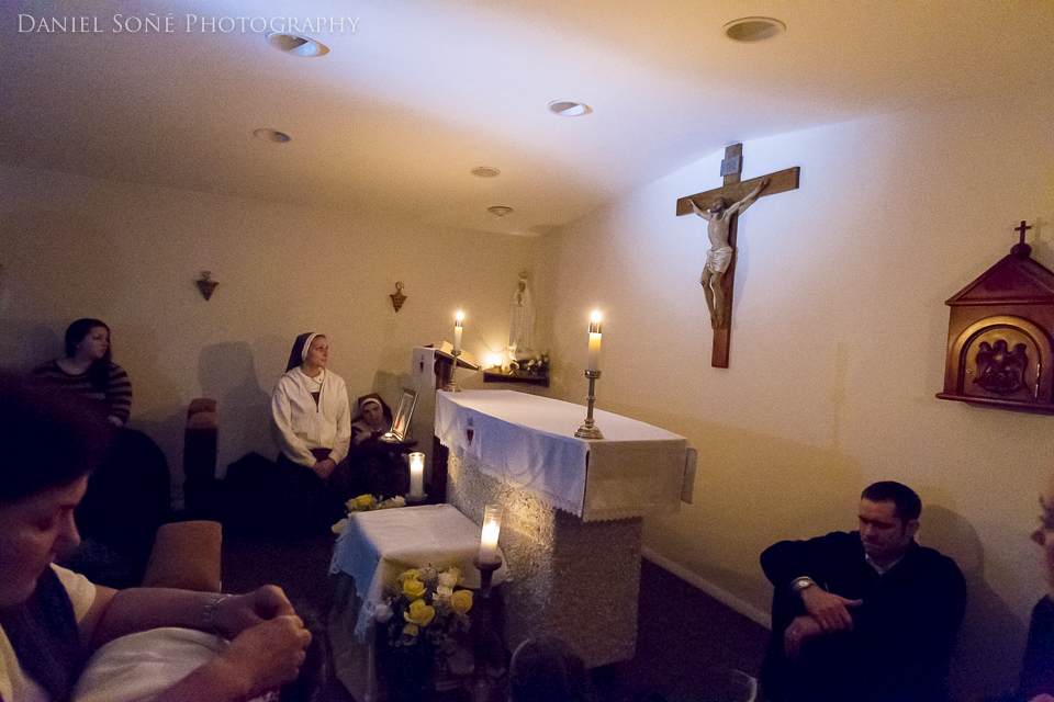 Praying the Rosary in the basement during a tornado.