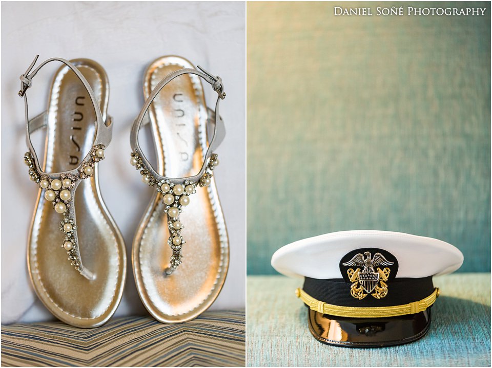 Angelica's pearled wedding flats and Gabriel's Navy cover.