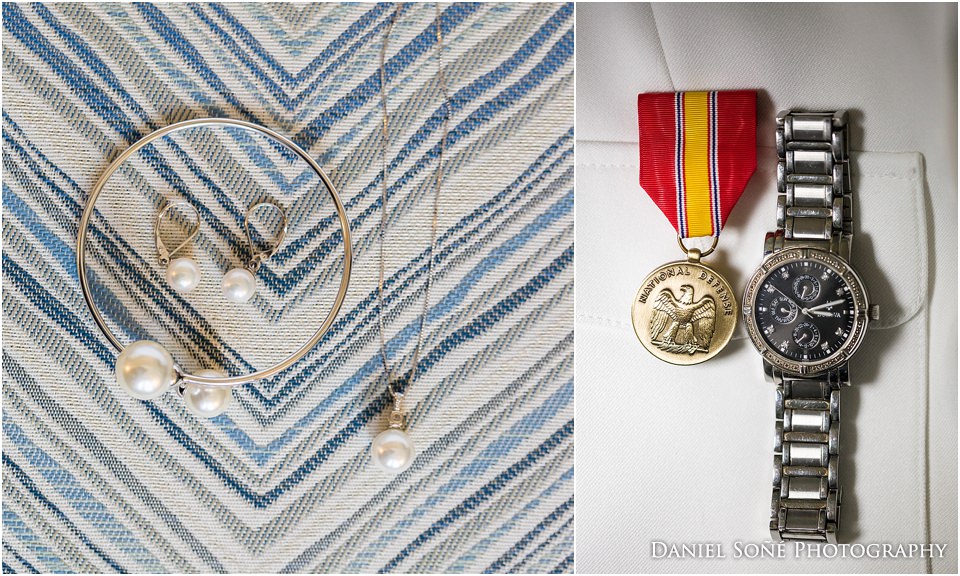 Simple silver and pearl jewelry. A naval ribbon and special watch from a Marine.
