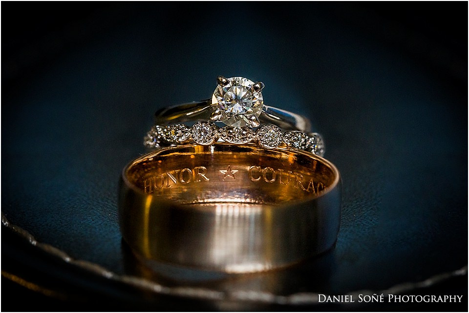 Custom wedding bands by Jacqueline Pinto and engagement ring by John Greenan & Sons