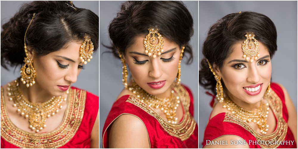 Indian wedding bride in red sari with gold tikka - MUA Glam by Jeet